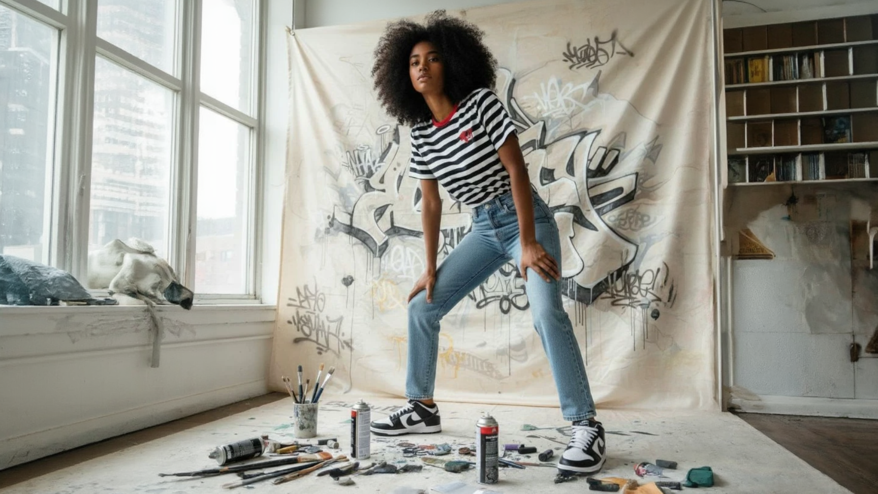 Person posing in a room with art supplies and graffiti-style tapestry