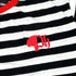 Black and white striped shirt with a red logo on white background.