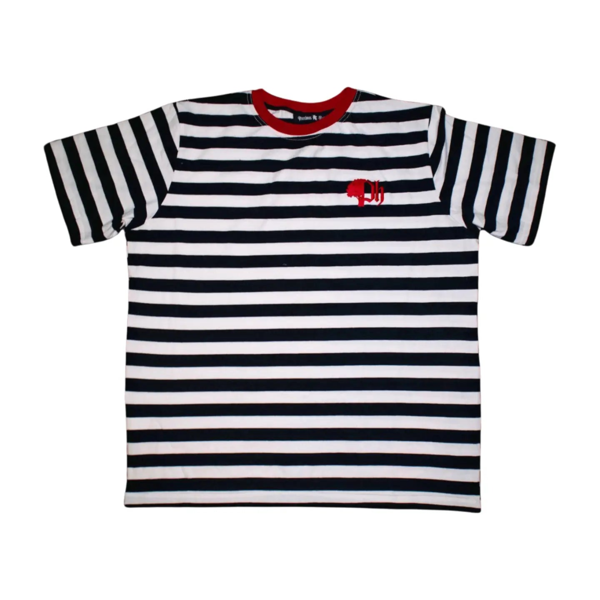A classic fit striped cotton t-shirt with black and white horizontal stripes and a red collar.