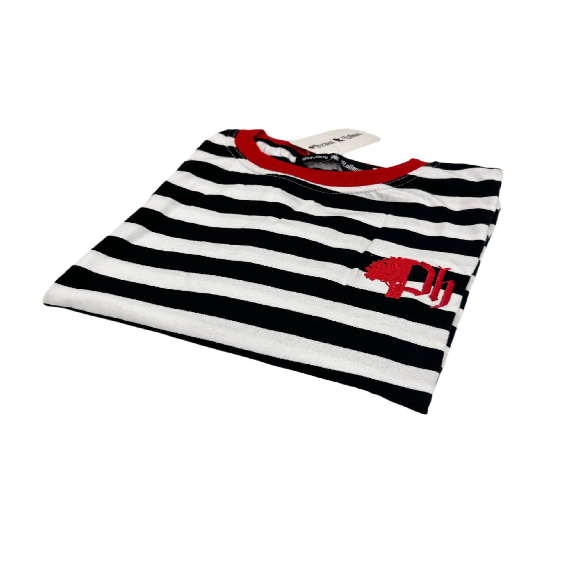 Black and white striped bag with red logo on a white surface.