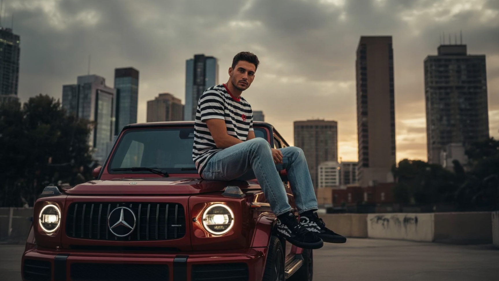 Man sitting on a red Mercedes-Benz G-Class in an urban setting with a city skyline in the background.