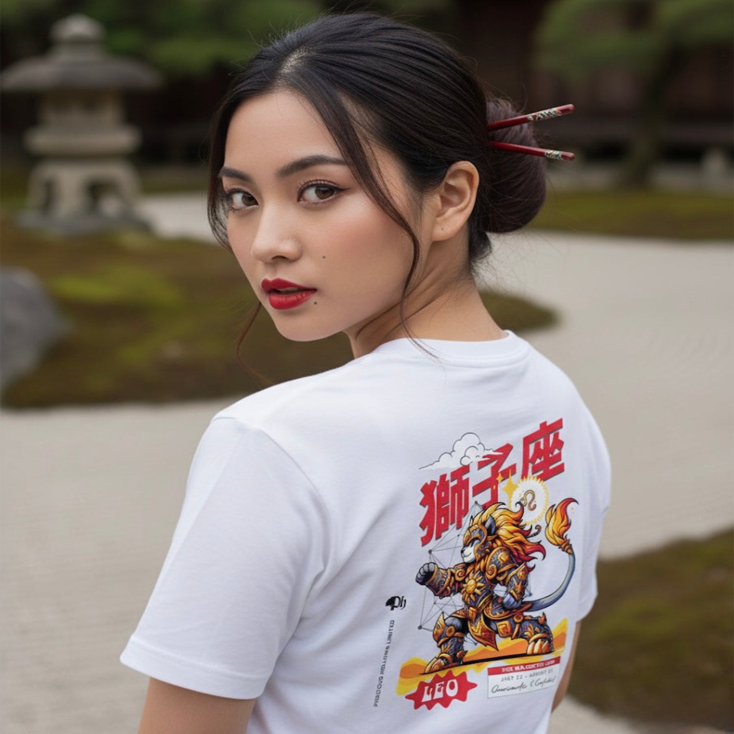 Woman wearing a white t-shirt with a graphic design in an outdoor setting