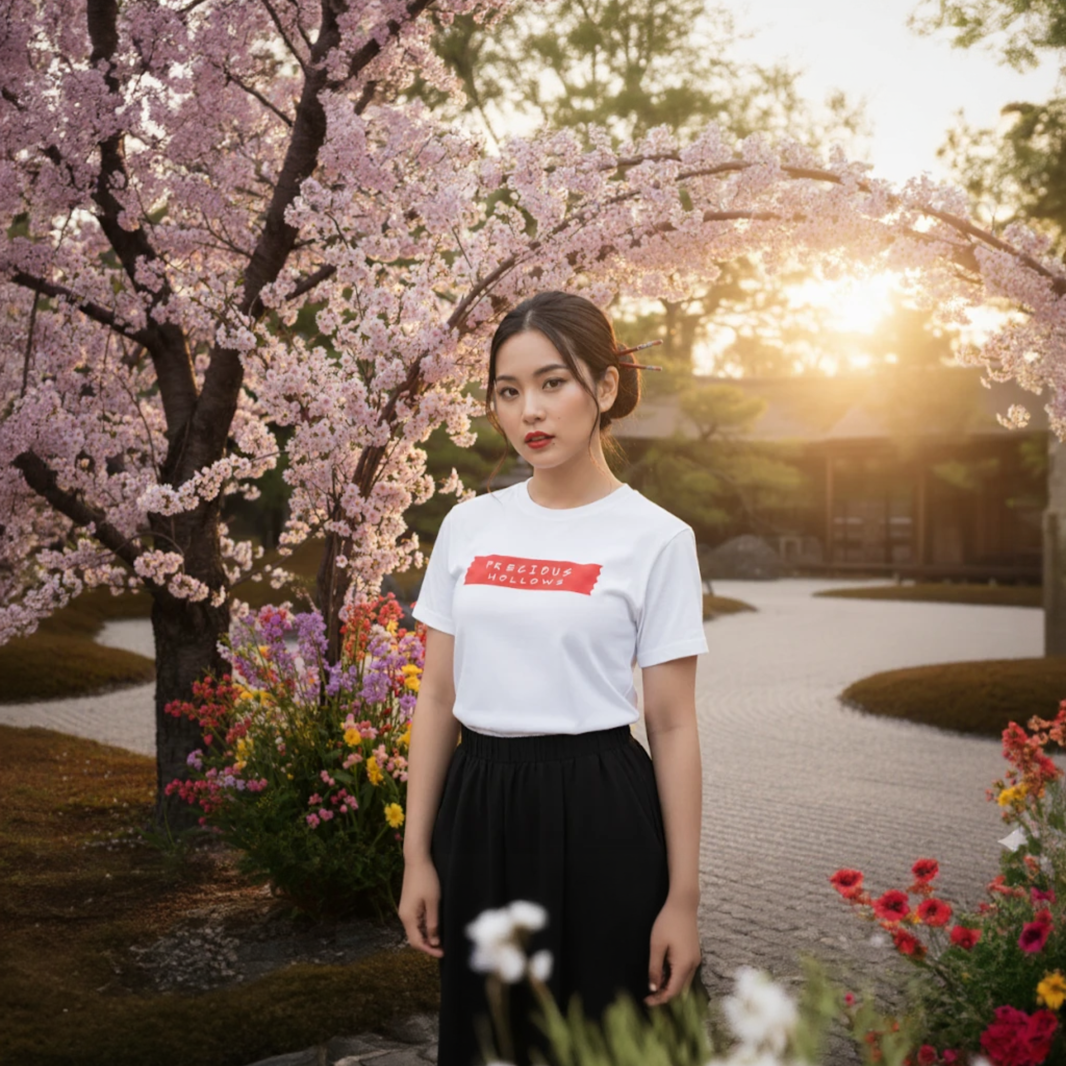 Woman standing in a garden with cherry blossom trees and colorful flowers