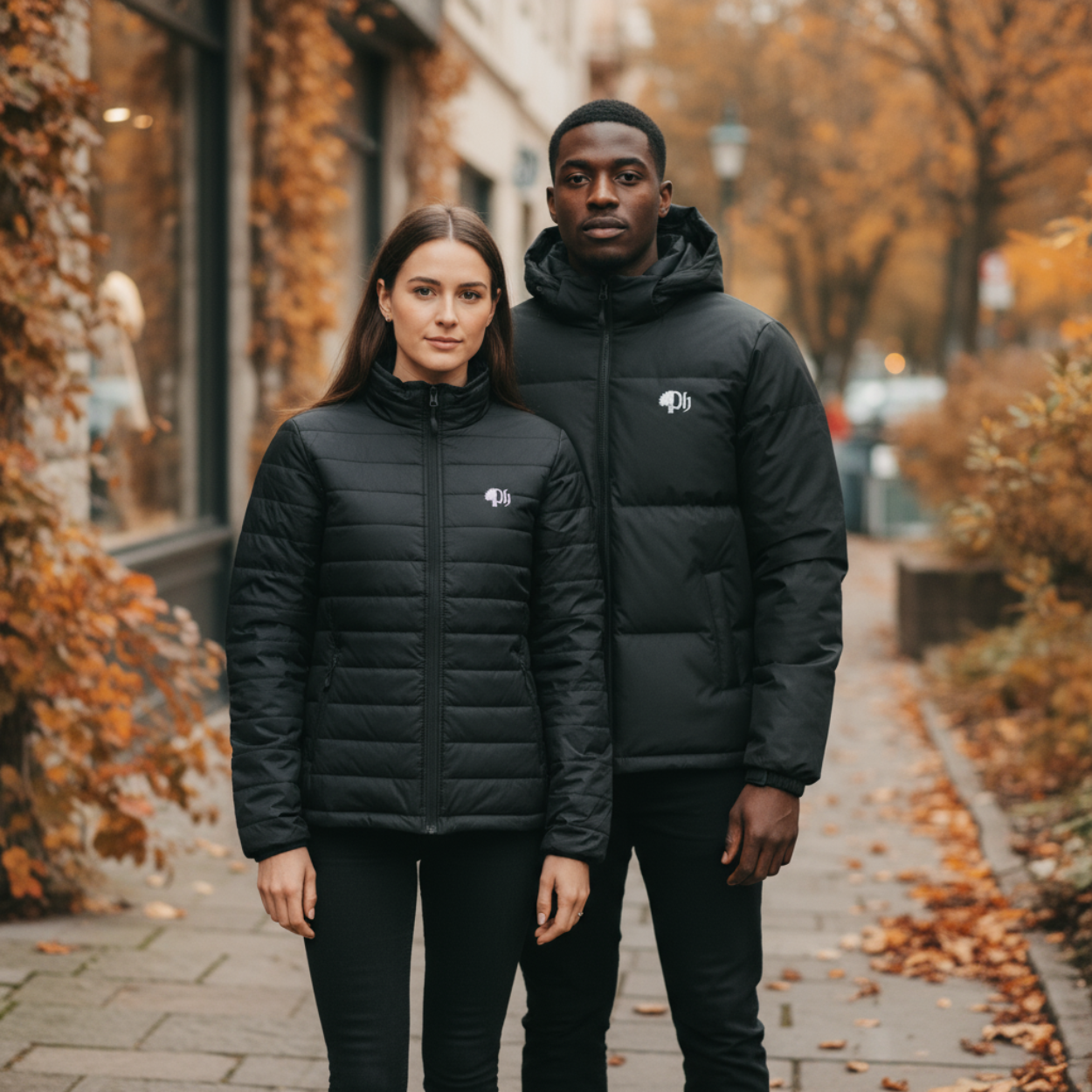 Two people wearing black puffer jackets standing on a street with autumn foliage.