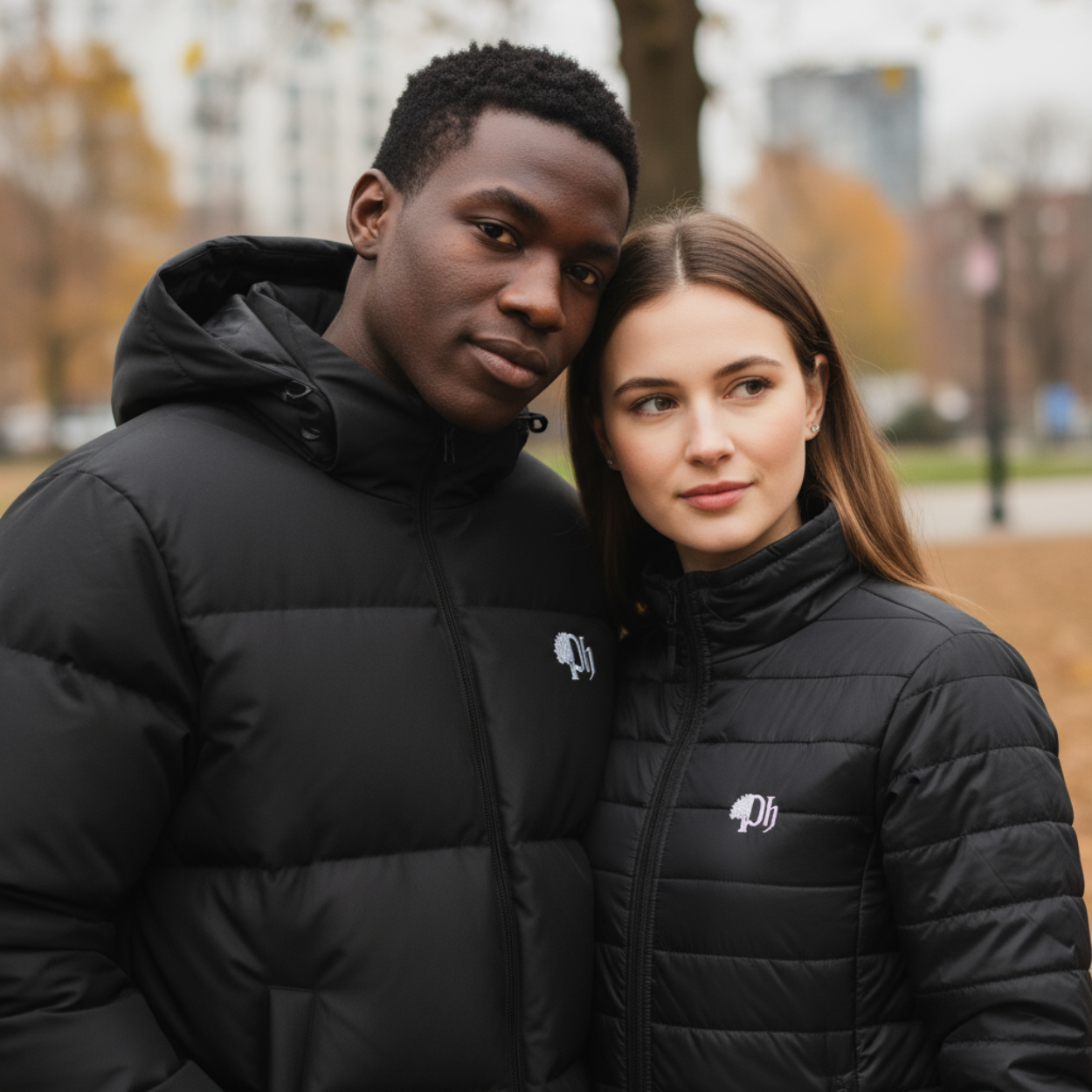 Two people wearing black puffer jackets with a brand logo in an outdoor setting.