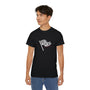 Person wearing a black t-shirt with a logo on a white background