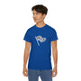 Person wearing a blue t-shirt with a logo on a white background