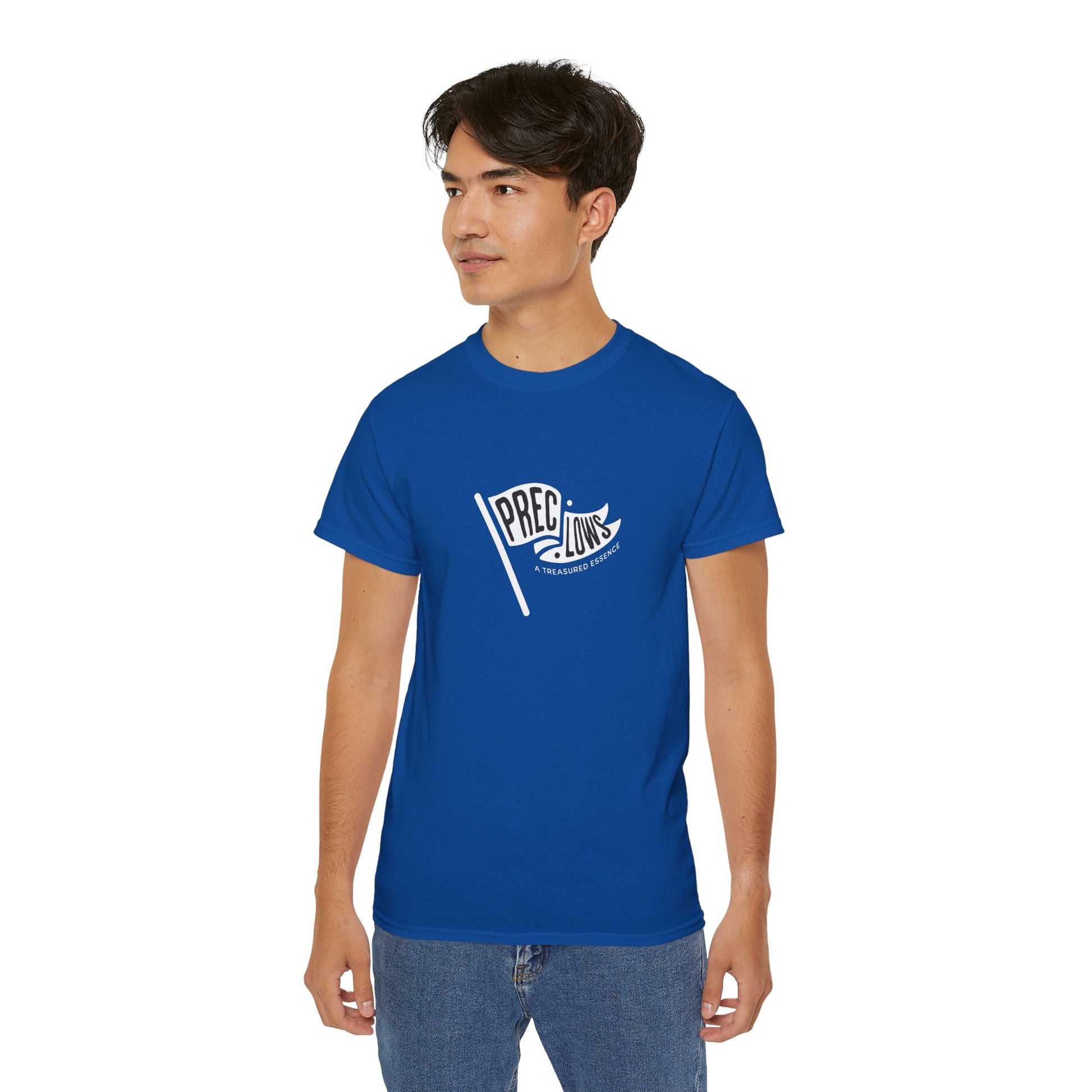 Person wearing a blue t-shirt with a logo on a white background