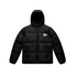 Black puffer jacket with a logo on the chest against a white background