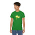 Person wearing a green t-shirt with a logo on a white background