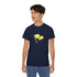 Person wearing a navy blue t-shirt with a yellow graphic on a white background