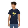 Person wearing a navy blue t-shirt with a yellow graphic on a white background