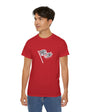 Person wearing a red t-shirt with a logo on a white background