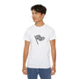 Person wearing a white t-shirt with a logo on a white background