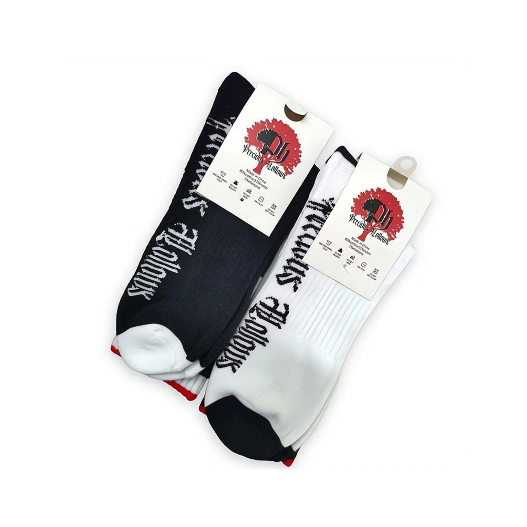 Two pairs of black and white crew socks with logos on the footing.#color_black-white  