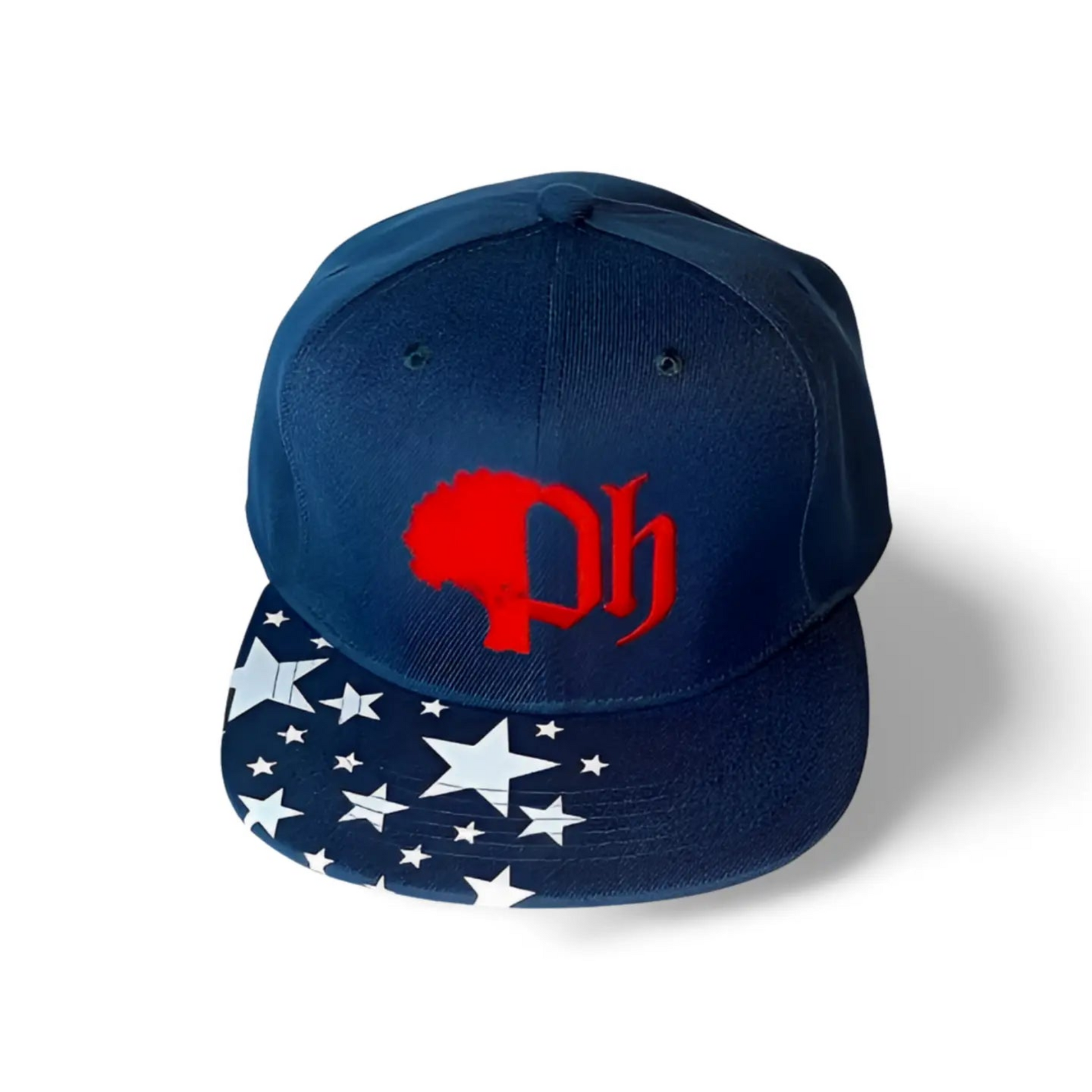 A snapback cap with a white stars pattern on the brim and a red logo on the front.#color_navy-red