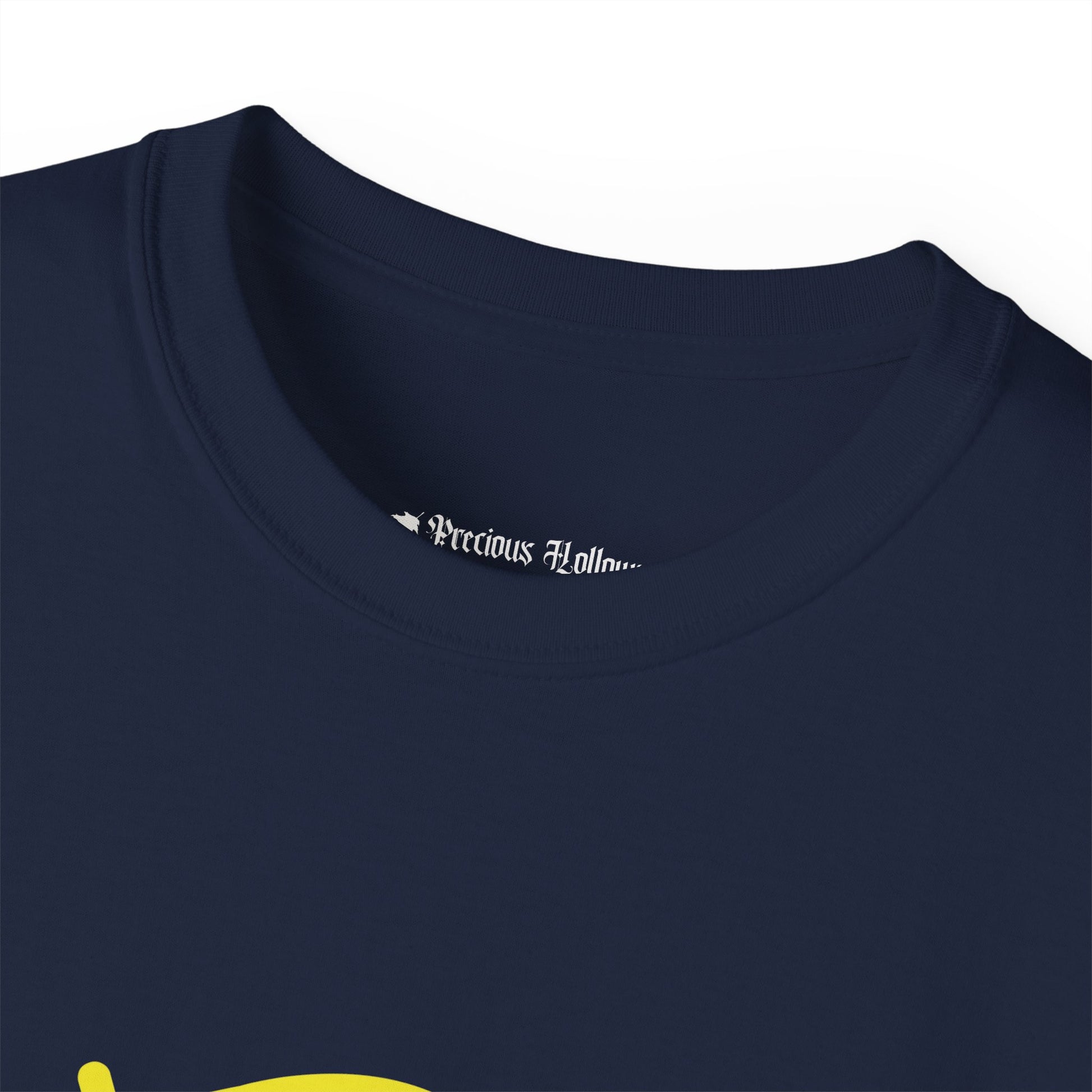 Navy blue t-shirt with a brand logo on the collar against a white background.#color_navy