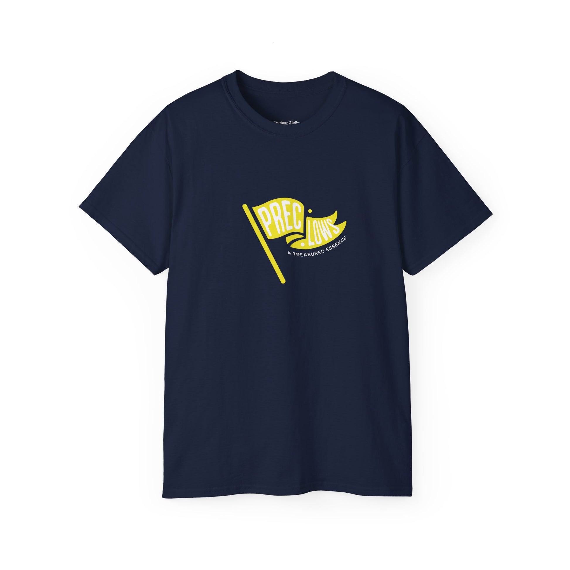Navy blue t-shirt with yellow graphic on a white background.#color_navy
