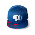 A snapback cap with a red stars pattern on the brim and a white logo on the front.#color_navy-white