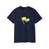 Navy blue t-shirt with yellow graphic on a white background.#color_navy