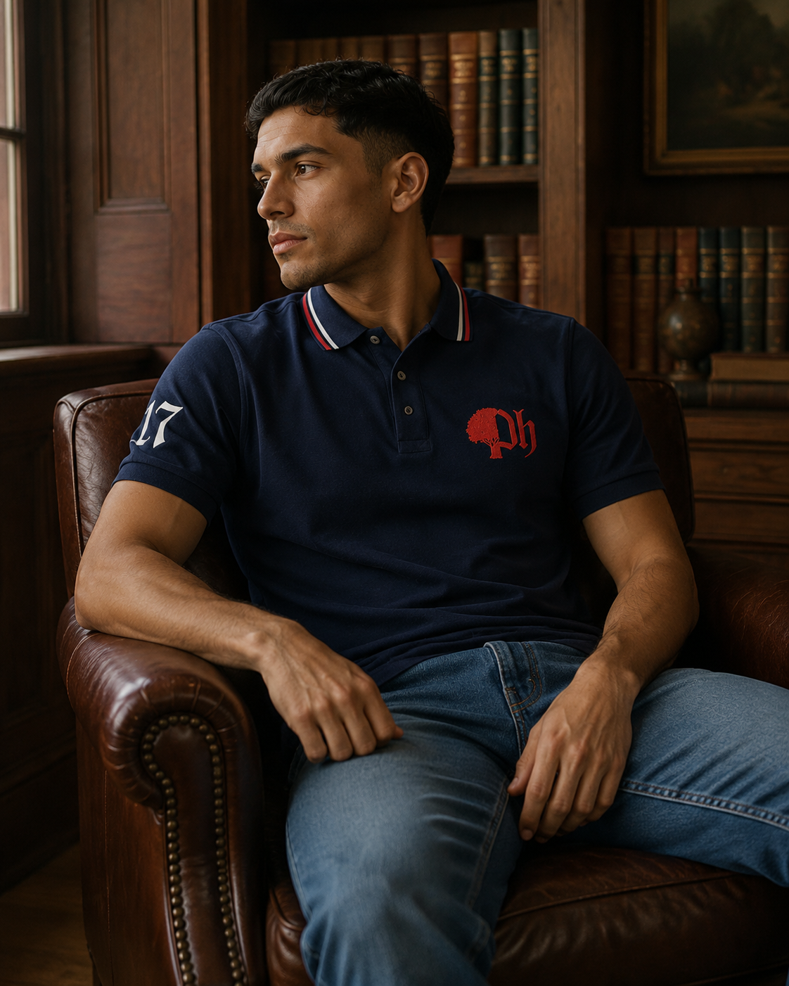 A man wearing a navy blue polo shirt with a red and white embroidered chest logo and a white number 17 on the sleeve, sitting in a brown leather armchair in a book-filled room.