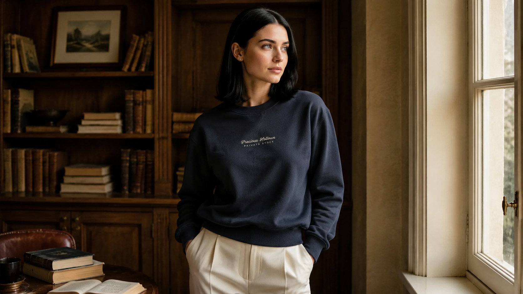 A woman stands in a warm, book-filled room wearing a navy crewneck sweatshirt with 'Precious Hollows' embroidered on the chest, paired with cream trousers.