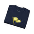 Folded navy blue t-shirt with yellow graphic and text on a white background.#color_navy