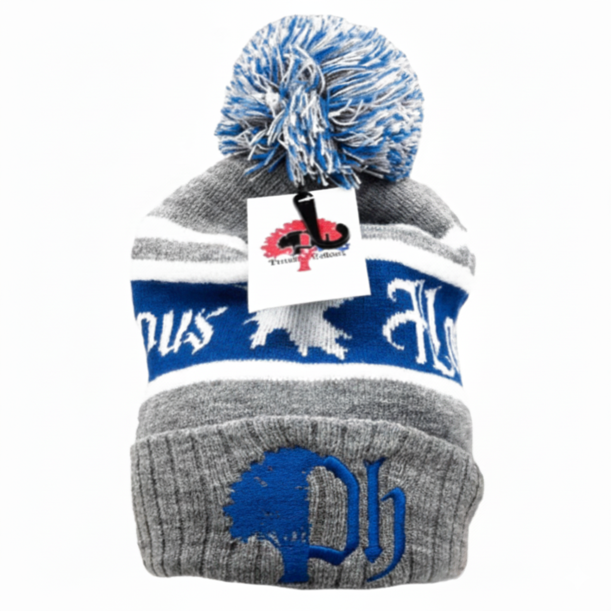 Gray beanie with blue and white pom-pom and branding on a white background