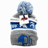 Gray beanie with blue and white pom-pom and branding on a white background