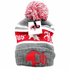 Gray and red beanie with pom-pom on a white background