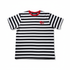 Black and white striped t-shirt with red accents on a white background