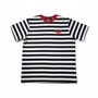 Black and white striped t-shirt with red accents on a white background