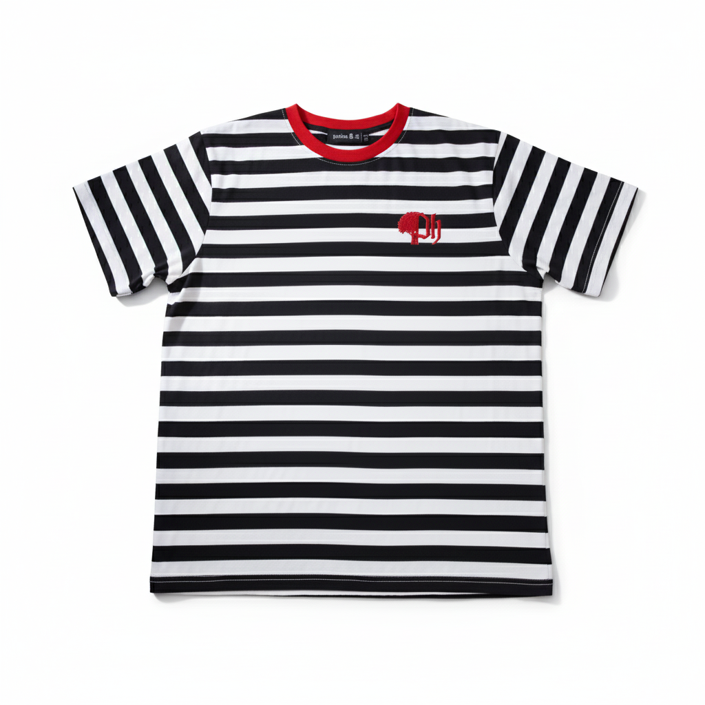 Black and white striped t-shirt with red accents on a white background