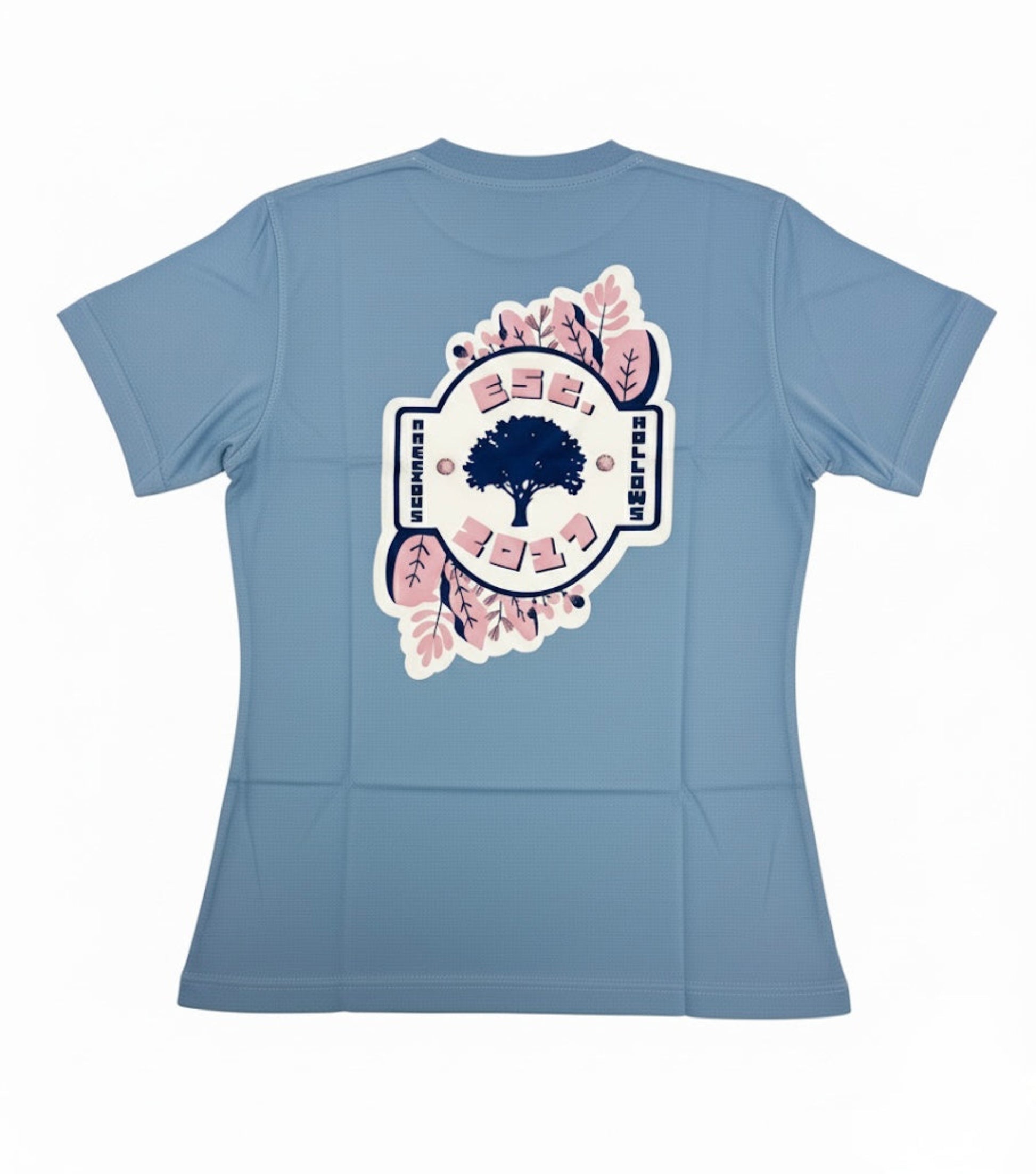 Light blue t-shirt with a tree design on the back against a white background
