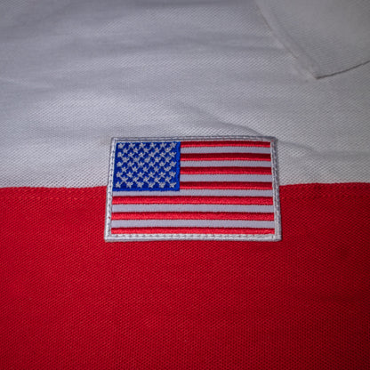 American flag patch on a red and white fabric.
