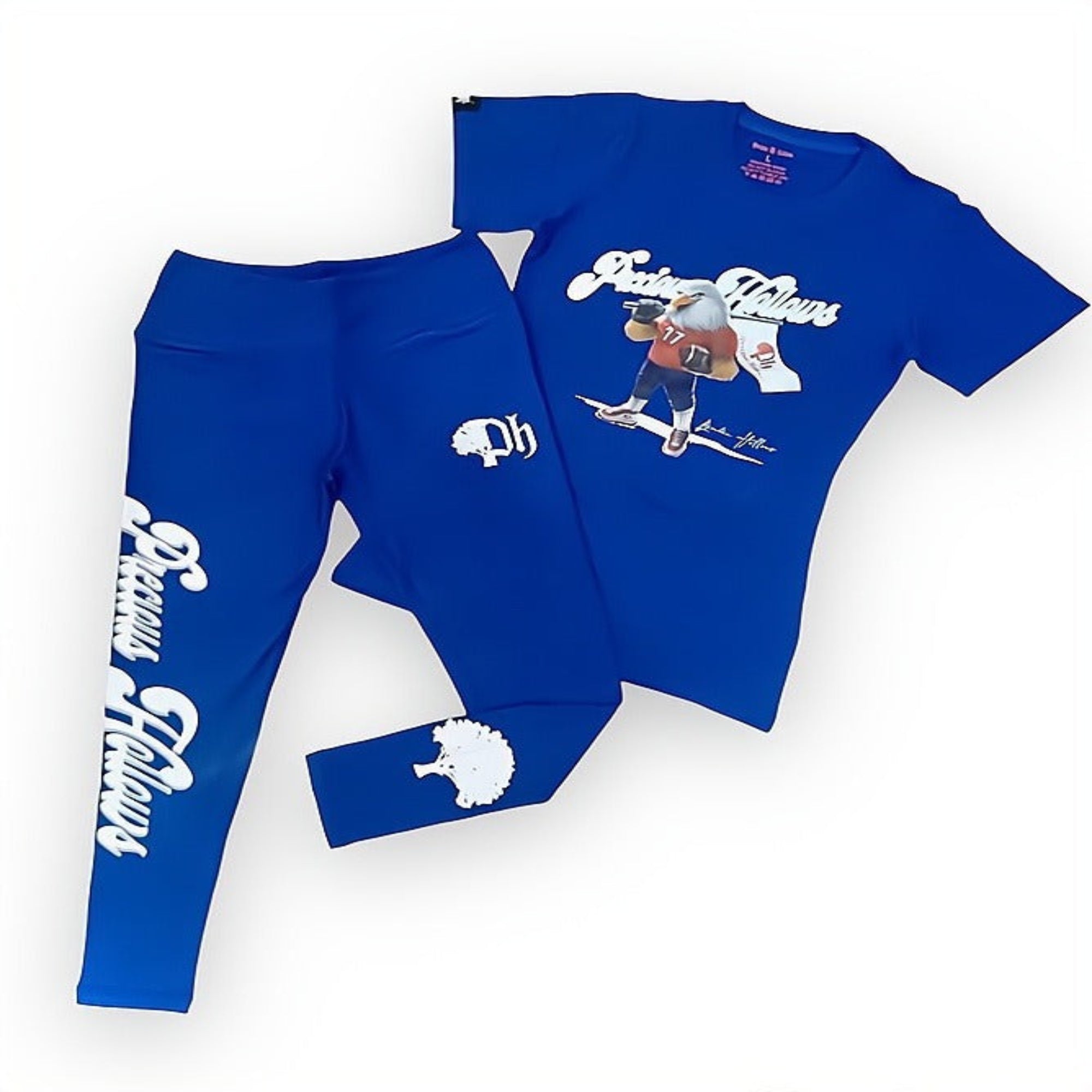 A royal blue t-shirt and matching leggings set with text and graphics design, including a 2-inch embroidered logo and a printed brand name.#color_blue