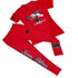 A red t-shirt and matching leggings set with text and graphics design, including a 2-inch embroidered logo and a printed brand name.#color_red