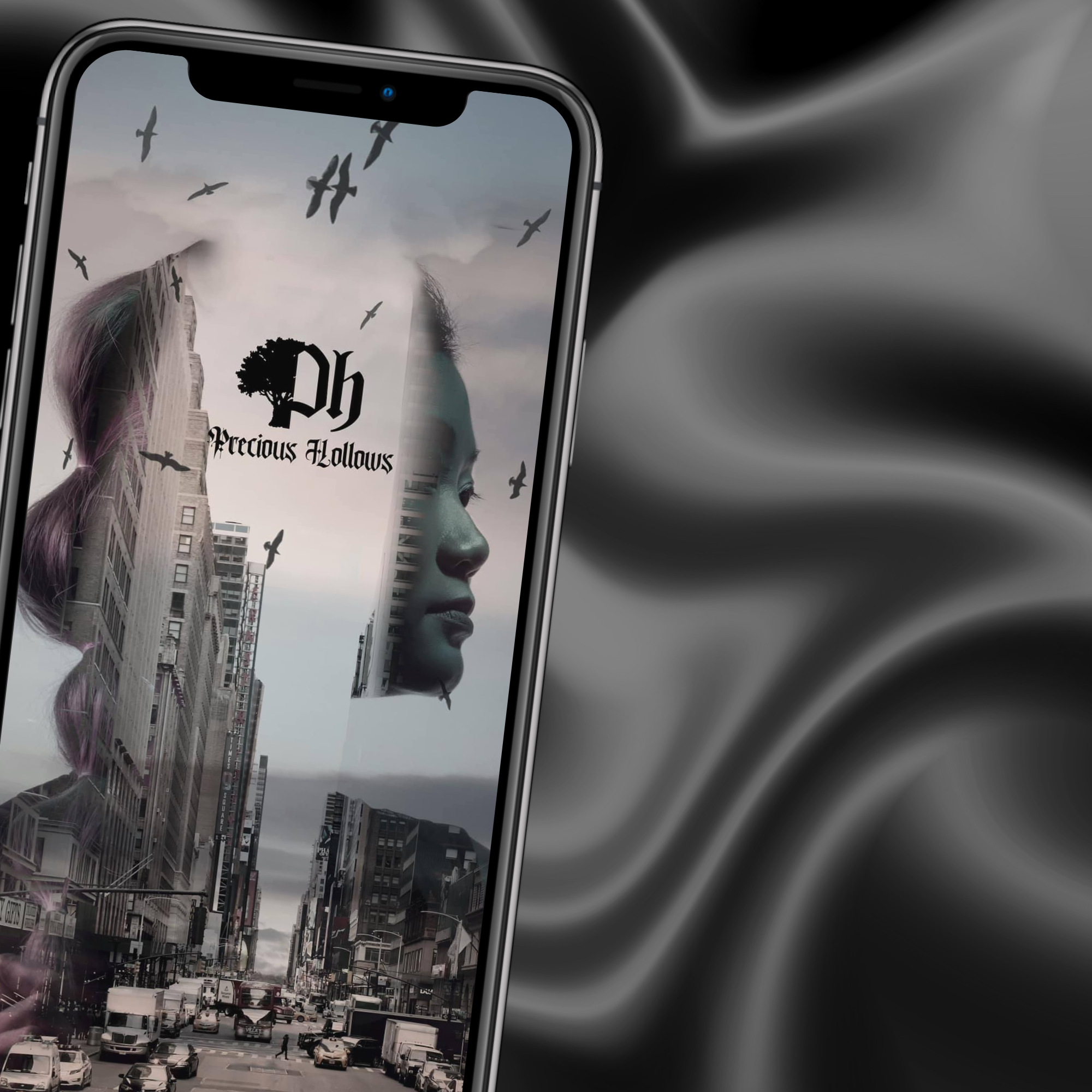 A digital gift card displayed on a smartphone screen featuring an urban scene with buildings and a figure with a logo 'Precious Hollows'.