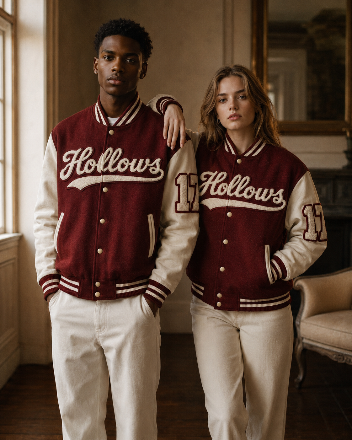 Two models wearing matching burgundy and cream varsity jackets with 'Hollows' and the number '17' on the front, standing in a warm, vintage-style room.