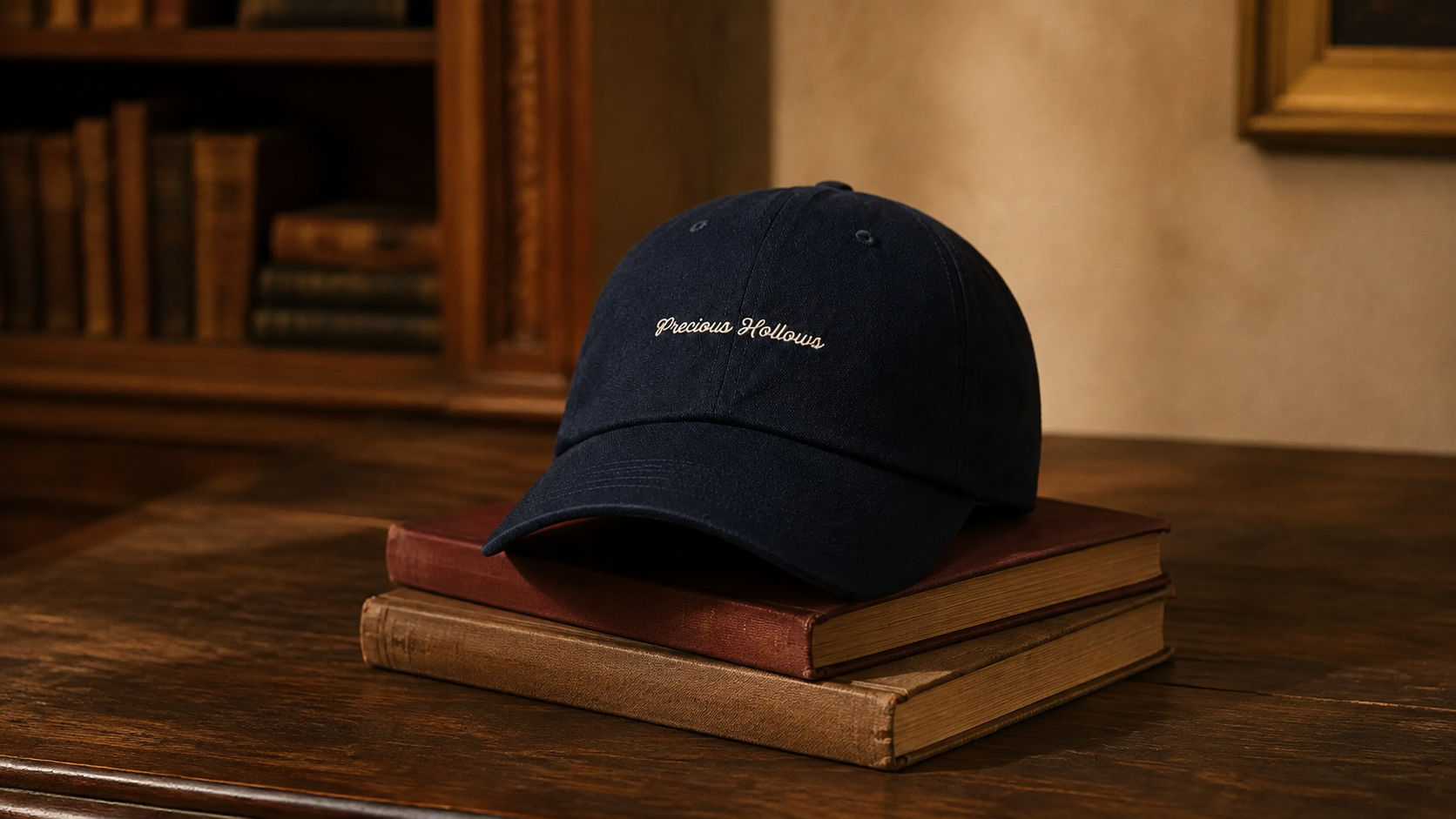 A navy blue baseball cap with white embroidered text reading 'Precious Hollows' sits on top of two vintage books on a wooden table, with a warm, blurred library background.