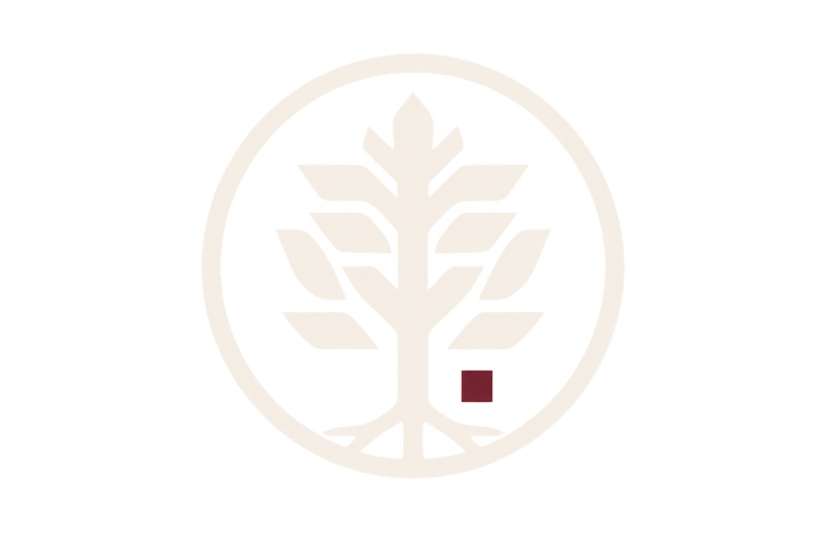 A minimalist logo featuring a stylized tree inside a circle, rendered in a very light warm beige on a solid white background, with a small dark burgundy square accent near the base of the tree.