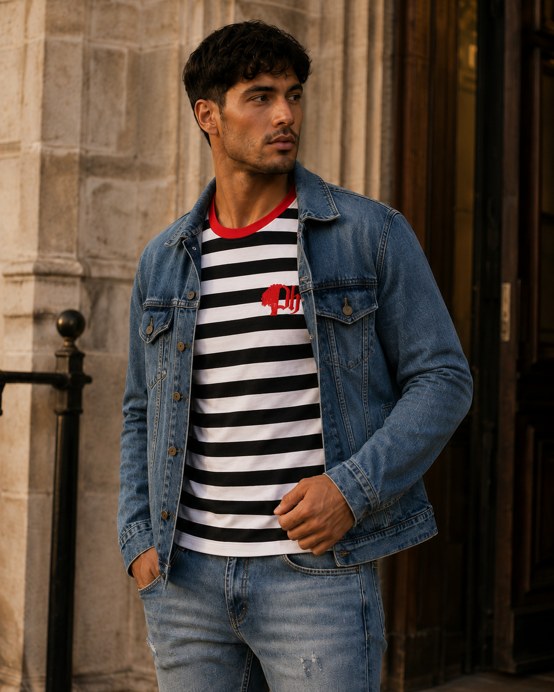 A man wearing a blue denim jacket over a black and white striped t-shirt with a red collar and a red elephant logo on the chest, paired with light-wash jeans, standing outdoors against a stone building.