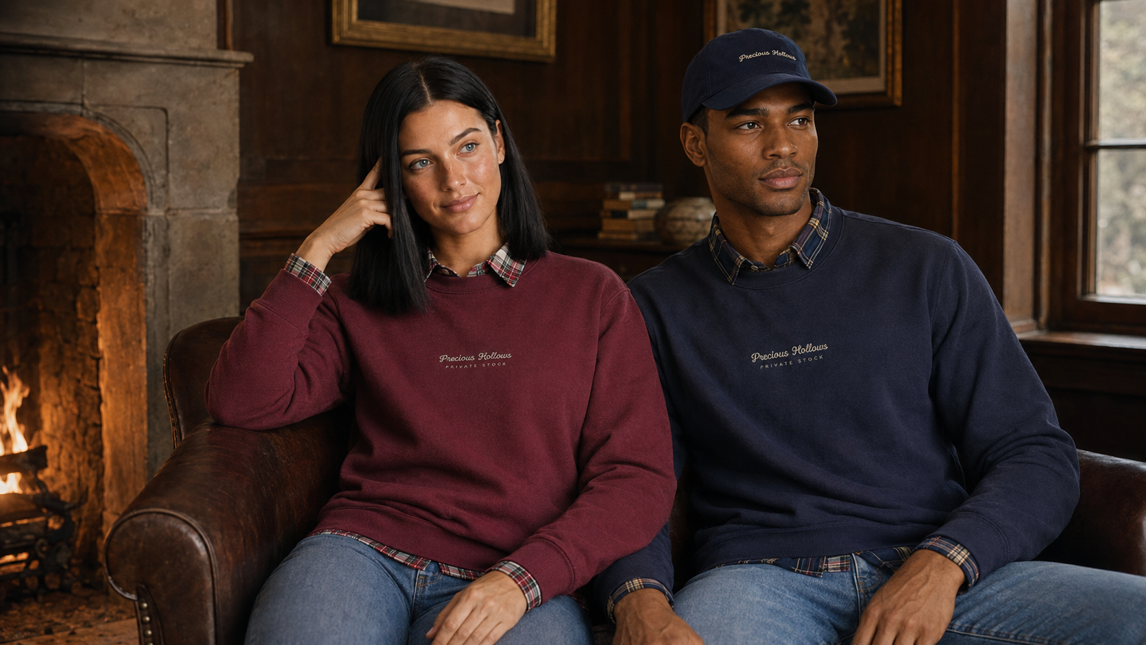 A man and a woman sit side by side in a leather armchair in a rustic room with a fireplace and wood-paneled walls. The woman wears a burgundy crewneck sweatshirt with a plaid collar, and the man wears a navy crewneck sweatshirt with a plaid collar.