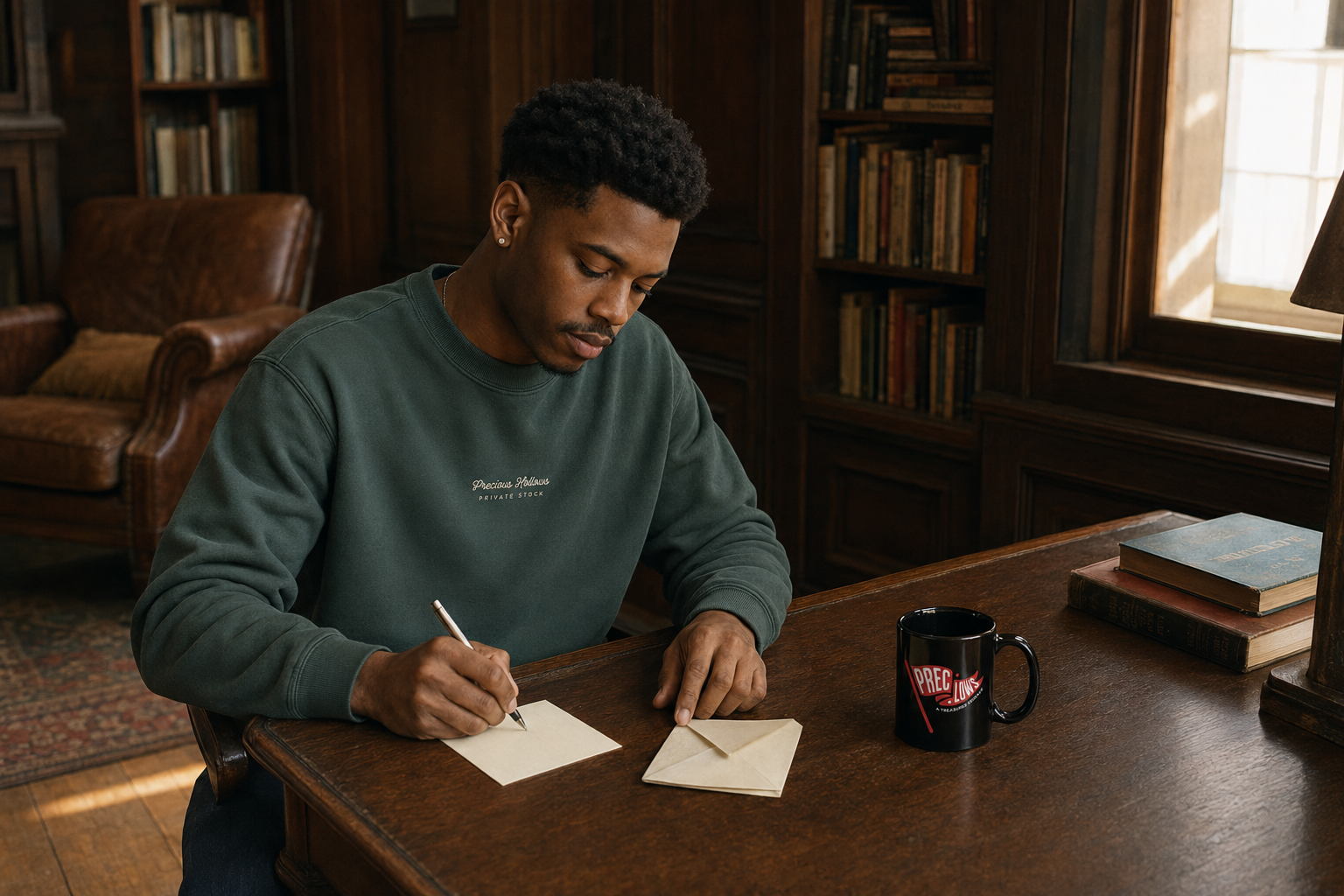 A man in a sage green crewneck sweatshirt with 'Precious Hollows' printed on the chest sits at a wooden desk writing on a notepad in a warm, book-filled library setting.