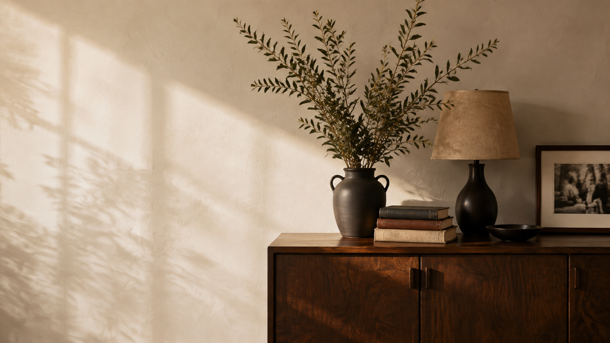 A warm, rustic interior scene featuring a dark wood sideboard with a dark ceramic vase holding leafy green branches, a table lamp with a beige shade, stacked books, and a framed picture against a textured beige wall with soft window shadow patterns.