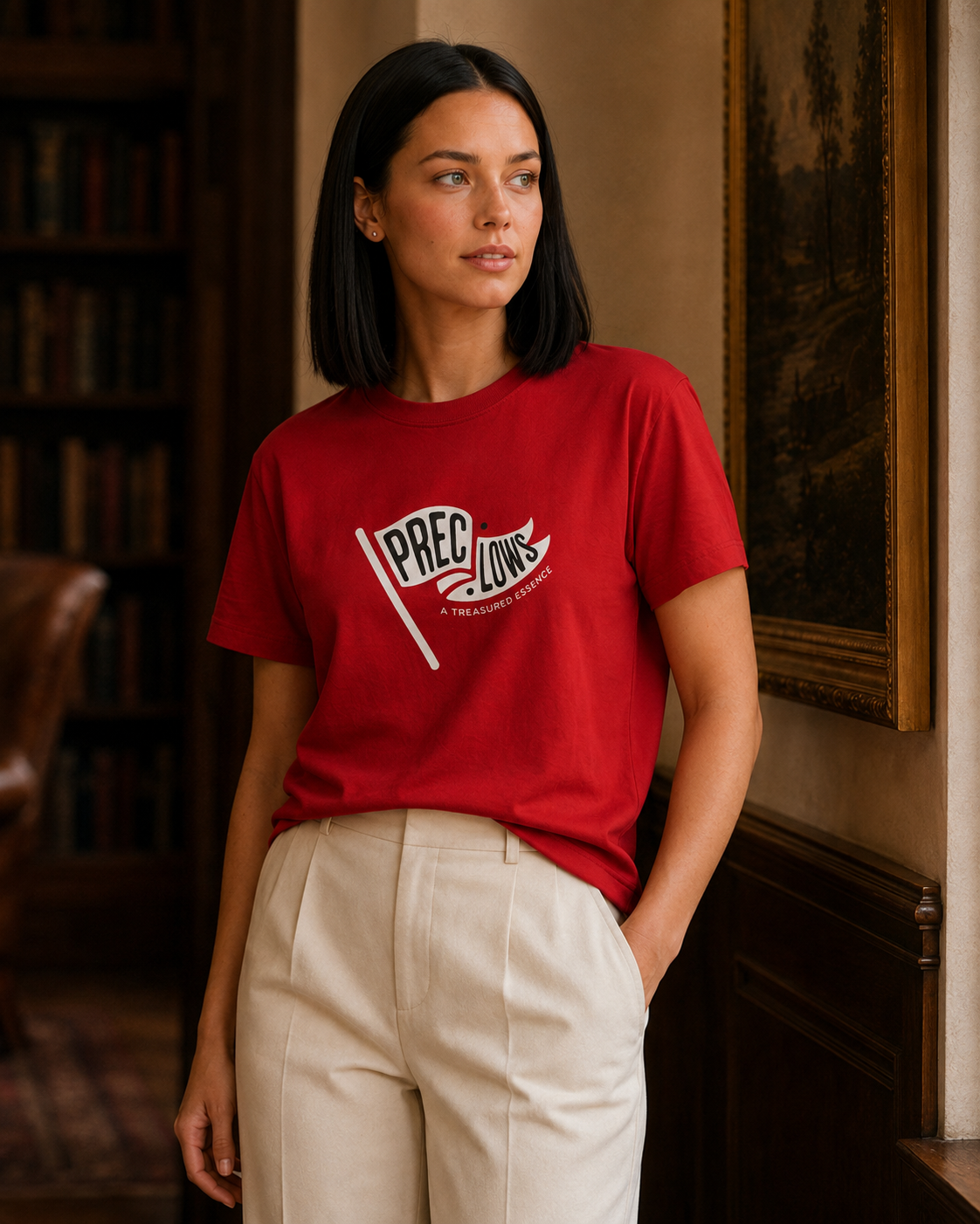 A woman wearing a red graphic t-shirt with a white and black 'PRECIOUS' flag design, paired with cream-colored trousers, standing in a warm, vintage-style room with bookshelves and framed art.