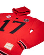 A red cotton blend football hoodie with the number 17 and the brand name Birdie Hollows on it. It includes a hood and features black and white detailing.#color_red