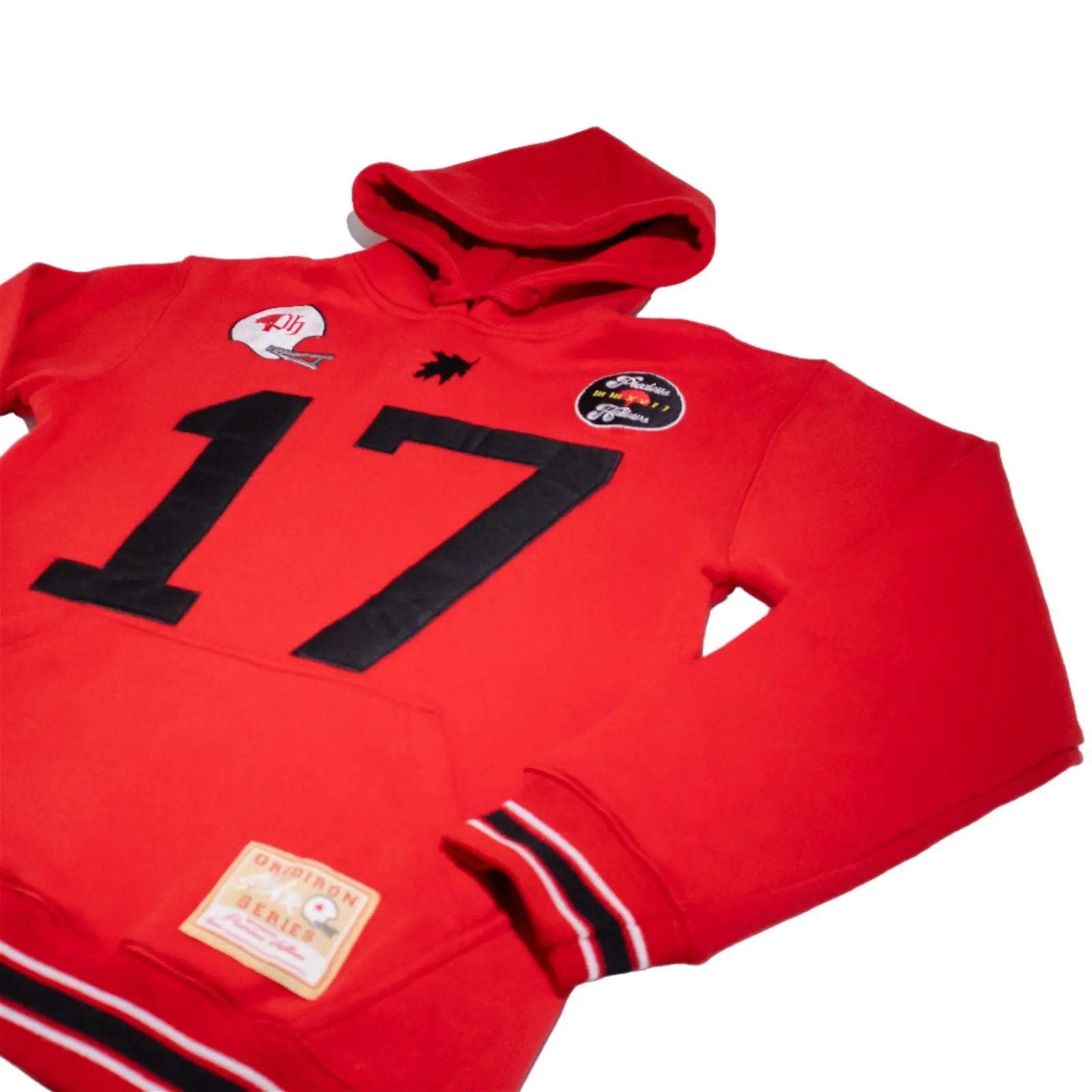 A red cotton blend football hoodie with the number 17 and the brand name Birdie Hollows on it. It includes a hood and features black and white detailing.#color_red