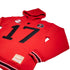 A red cotton blend football hoodie with the number 17 and the brand name Birdie Hollows on it. It includes a hood and features black and white detailing.#color_red