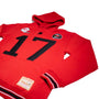 A red cotton blend football hoodie with the number 17 and the brand name Birdie Hollows on it. It includes a hood and features black and white detailing.#color_red